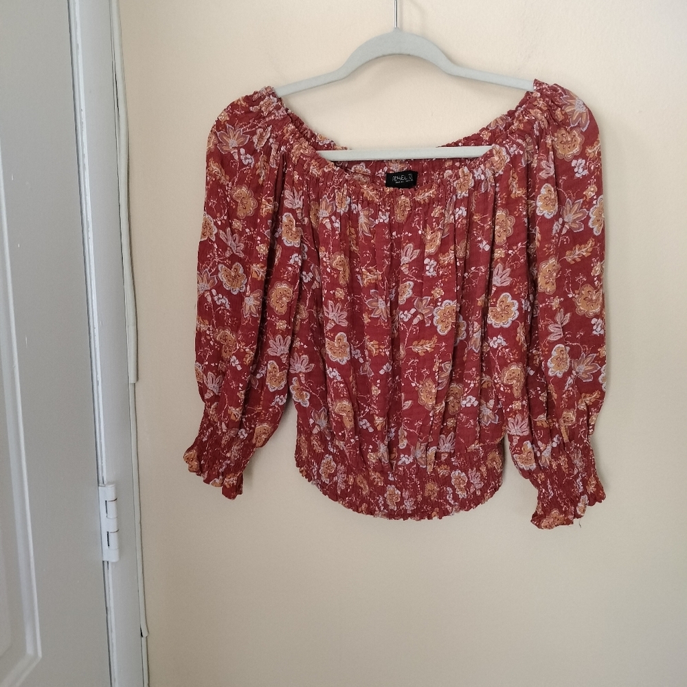 Rachel Zoe Burnt Orange Floral Top Blouse Cropped M Boho Festival Vacation